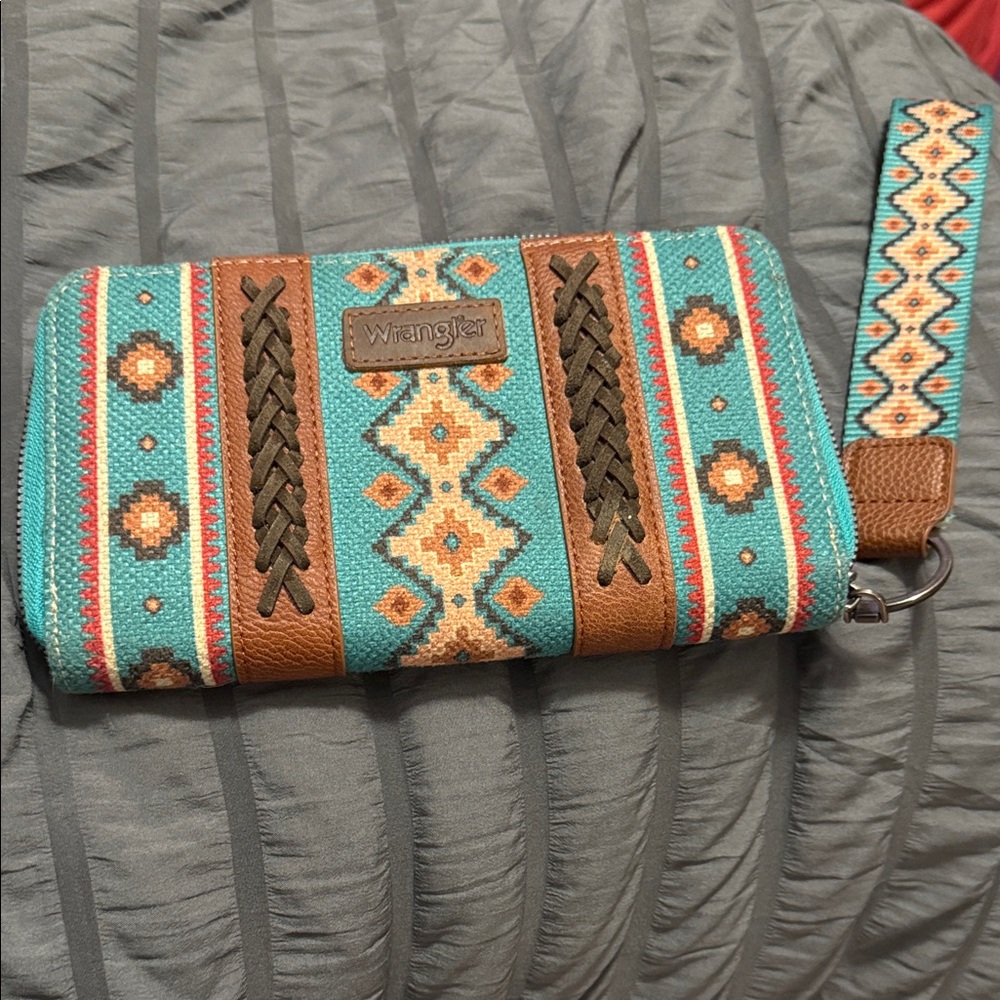 Wrangler Turquoise and Brown Patterned Wristlet